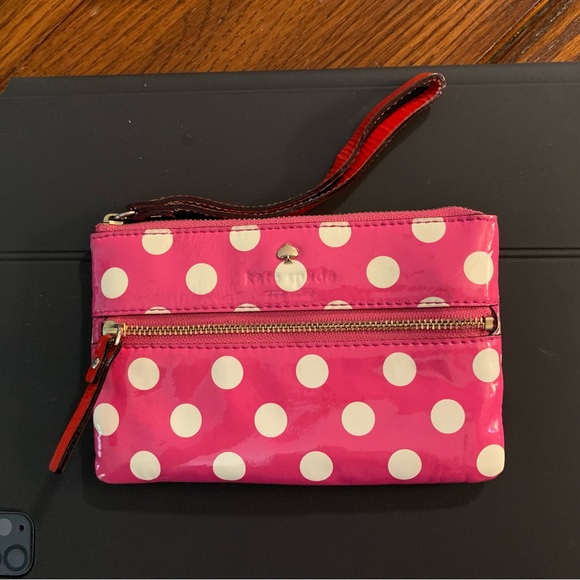 Kate Spade pink polka dot patent  leather wristlet - Picture 1 of 10